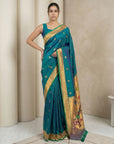 PGreen Paithani Silk Saree with Jhumka Zari Motifs, Meenakari Peacock Pallu and Triple Muniya Border