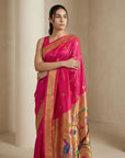 Pink Paithani Silk Saree with Jhumka Zari Motifs, Meenakari Peacock Pallu and Triple Muniya Border