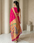 Pink Paithani Silk Saree with Jhumka Zari Motifs, Meenakari Peacock Pallu and Triple Muniya Border