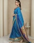 Rama Paithani Silk Saree with Jhumka Zari Motifs, Meenakari Peacock Pallu and Triple Muniya Border