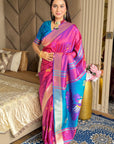 Wine Soft Silk Ikkat Patola Saree with Meenakari Motifs Peacock Pallu and Gold Zari Border