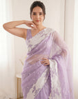 Lavender Pure Organza Silk Crush Saree Designer Party Wear Saree With Turkish Work Embroidered Cutwork Border Wedding Festive Saree