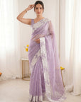 Lavender Pure Organza Silk Crush Saree Designer Party Wear Saree With Turkish Work Embroidered Cutwork Border Wedding Festive Saree