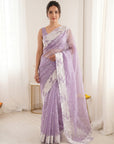Lavender Pure Organza Silk Crush Saree Designer Party Wear Saree With Turkish Work Embroidered Cutwork Border Wedding Festive Saree