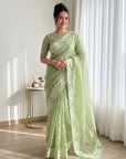 Pista Pure Organza Silk Crush Saree Designer Party Wear Saree With Turkish Work Embroidered Cutwork Border Wedding Festive Saree