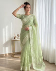 Pista Pure Organza Silk Crush Saree Designer Party Wear Saree With Turkish Work Embroidered Cutwork Border Wedding Festive Saree