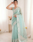 Sky Pure Organza Silk Crush Saree Designer Party Wear Saree With Turkish Work Embroidered Cutwork Border Wedding Festive Saree