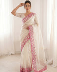 White Pure Organza Silk Crush Saree Designer Party Wear Saree With Turkish Work Embroidered Cutwork Border Wedding Festive Saree