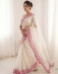 White Pure Organza Silk Crush Saree Designer Party Wear Saree With Turkish Work Embroidered Cutwork Border Wedding Festive Saree