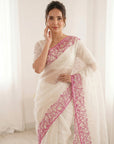 White Pure Organza Silk Crush Saree Designer Party Wear Saree With Turkish Work Embroidered Cutwork Border Wedding Festive Saree
