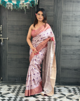 Lavender Assam Silk Floral Printed Saree with Zari Woven Border