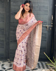 Lavender Assam Silk Floral Printed Saree with Zari Woven Border