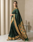 Bottle Green Soft Silk Paithani Meenakari Saree Tilak Zari Woven Motifs Temple Border Saree With Brocade Blouse