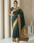 Bottle Green Soft Silk Paithani Meenakari Saree Tilak Zari Woven Motifs Temple Border Saree With Brocade Blouse