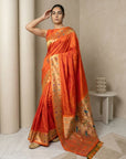 Orange Soft Silk Paithani Meenakari Saree Tilak Zari Woven Motifs Temple Border Saree With Brocade Blouse