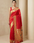 Red Soft Silk Paithani Meenakari Saree Tilak Zari Woven Motifs Temple Border Saree With Brocade Blouse