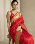 Red Soft Silk Paithani Meenakari Saree Tilak Zari Woven Motifs Temple Border Saree With Brocade Blouse