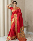 Red Soft Silk Paithani Meenakari Saree Tilak Zari Woven Motifs Temple Border Saree With Brocade Blouse