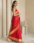 Red Soft Silk Paithani Meenakari Saree Tilak Zari Woven Motifs Temple Border Saree With Brocade Blouse
