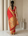 Red Soft Silk Paithani Meenakari Saree Tilak Zari Woven Motifs Temple Border Saree With Brocade Blouse