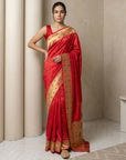 Red Soft Silk Paithani Meenakari Saree Tilak Zari Woven Motifs Temple Border Saree With Brocade Blouse