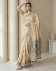 Chickoo Muga Cotton Saree with Resham Weaving Meenakari Buttis, Pencil Art Pallu – Soft Summer Saree with Blouse Piece