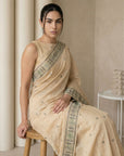 Chickoo Muga Cotton Saree with Resham Weaving Meenakari Buttis, Pencil Art Pallu – Soft Summer Saree with Blouse Piece