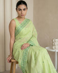 Pista Muga Cotton Saree with Resham Weaving Meenakari Buttis, Pencil Art Pallu – Soft Summer Saree with Blouse Piece