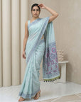 Sky Muga Cotton Saree with Resham Weaving Meenakari Buttis, Pencil Art Pallu – Soft Summer Saree with Blouse Piece