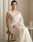 White Muga Cotton Saree with Resham Weaving Meenakari Buttis, Pencil Art Pallu – Soft Summer Saree with Blouse Piece