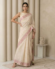 White Muga Cotton Saree with Resham Weaving Meenakari Buttis, Pencil Art Pallu – Soft Summer Saree with Blouse Piece