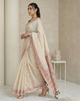 White Muga Cotton Saree with Resham Weaving Meenakari Buttis, Pencil Art Pallu – Soft Summer Saree with Blouse Piece