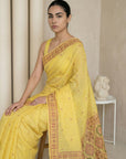 Yellow Muga Cotton Saree with Resham Weaving Meenakari Buttis, Pencil Art Pallu – Soft Summer Saree with Blouse Piece
