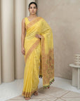 Yellow Muga Cotton Saree with Resham Weaving Meenakari Buttis, Pencil Art Pallu – Soft Summer Saree with Blouse Piece