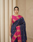 Navy Soft Silk Paithani Saree Meenakari Peacock Motifs Zari Woven Swan Pallu Saree With Brocade Blouse