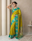 Mehendi Soft Silk Paithani Saree Meenakari Peacock Motifs Zari Woven Swan Pallu Saree With Brocade Blouse