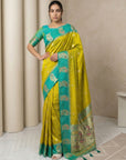 Mehendi Soft Silk Paithani Saree Meenakari Peacock Motifs Zari Woven Swan Pallu Saree With Brocade Blouse