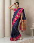 Navy Soft Silk Paithani Saree Meenakari Peacock Motifs Zari Woven Swan Pallu Saree With Brocade Blouse