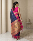 Navy Soft Silk Paithani Saree Meenakari Peacock Motifs Zari Woven Swan Pallu Saree With Brocade Blouse