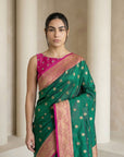 PGreen Soft Silk Paithani Saree Meenakari Peacock Motifs Zari Woven Swan Pallu Saree With Brocade Blouse