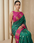 PGreen Soft Silk Paithani Saree Meenakari Peacock Motifs Zari Woven Swan Pallu Saree With Brocade Blouse