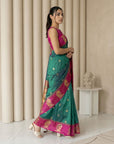 PGreen Soft Silk Paithani Saree Meenakari Peacock Motifs Zari Woven Swan Pallu Saree With Brocade Blouse