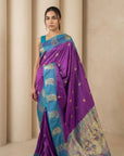 Purple Soft Silk Paithani Saree Meenakari Peacock Motifs Zari Woven Swan Pallu Saree With Brocade Blouse