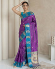 Purple Soft Silk Paithani Saree Meenakari Peacock Motifs Zari Woven Swan Pallu Saree With Brocade Blouse