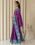 Purple Soft Silk Paithani Saree Meenakari Peacock Motifs Zari Woven Swan Pallu Saree With Brocade Blouse