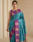 Rama Soft Silk Paithani Saree Meenakari Peacock Motifs Zari Woven Swan Pallu Saree With Brocade Blouse