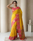 Yellow Soft Silk Paithani Saree Meenakari Peacock Motifs Zari Woven Swan Pallu Saree With Brocade Blouse