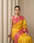 Yellow Soft Silk Paithani Saree Meenakari Peacock Motifs Zari Woven Swan Pallu Saree With Brocade Blouse