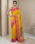 Yellow Soft Silk Paithani Saree Meenakari Peacock Motifs Zari Woven Swan Pallu Saree With Brocade Blouse
