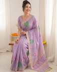 Lavender Premium Soft Linen Cotton Saree with Meenakari Lotus Pallu